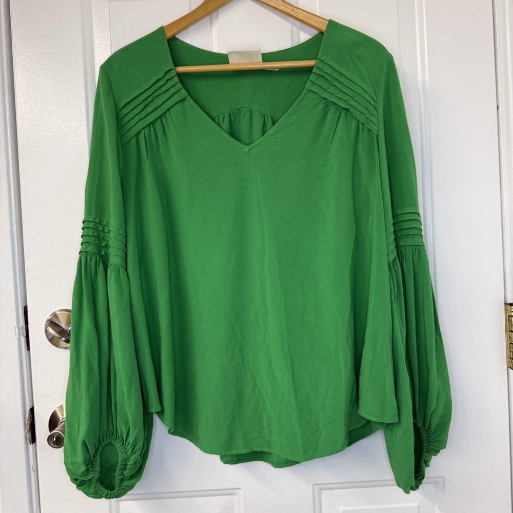 Maeve Anthropologie Pleated Blouse Green Women's Size Small Long Sleeve Top‎